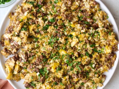 Fried eggs with meat