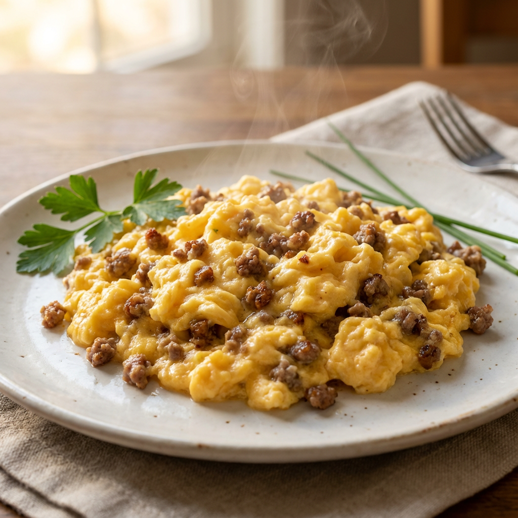 Fried eggs with meat